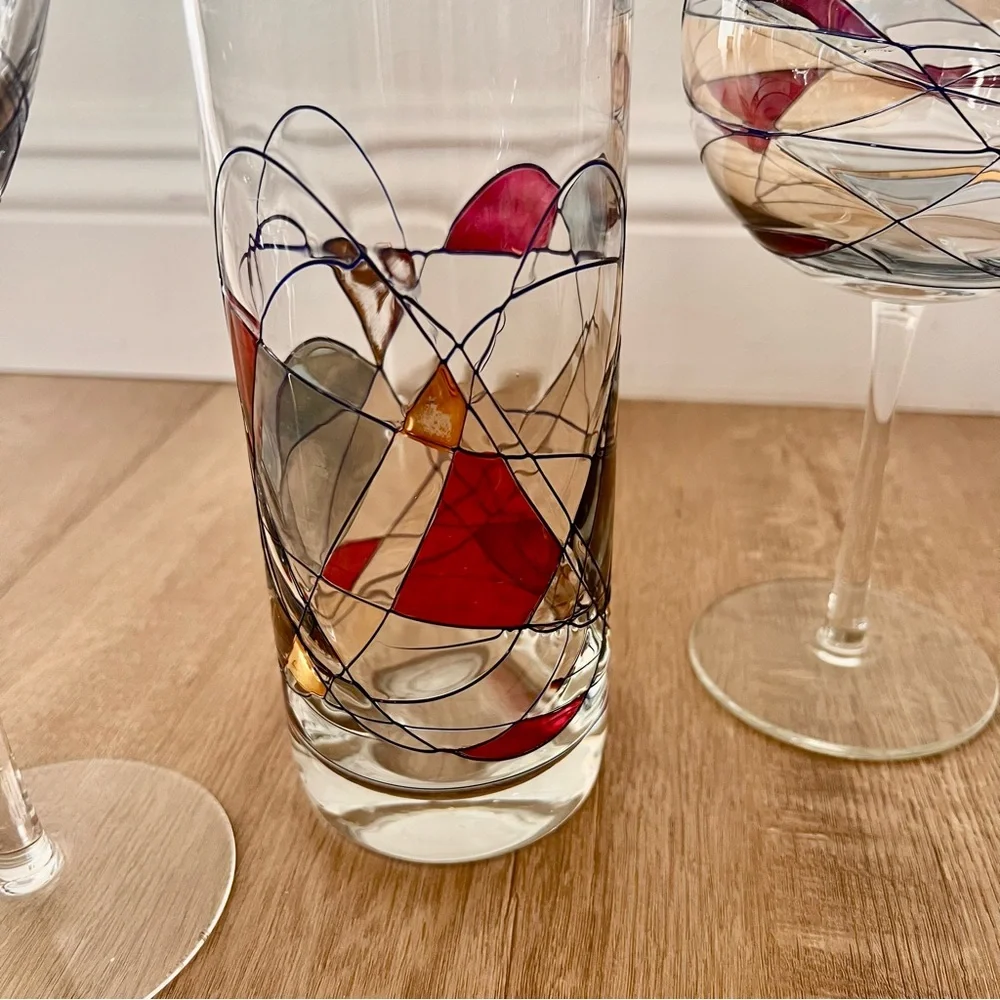 Set Of 4 Romanian Mosaic Stained Glass Crystal, 3‎ PCs Wine Glasses, 1 Decanter